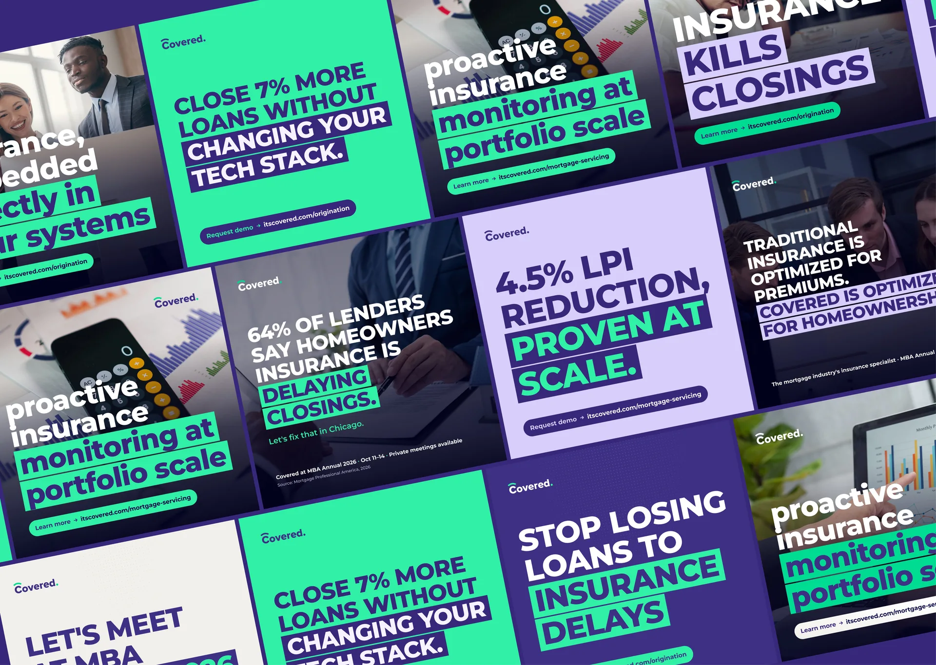 Peças da Covered para redes sociais dispostas em diagonal, em roxo, verde e lilás, com chamadas em inglês sobre seguro e crédito imobiliário.