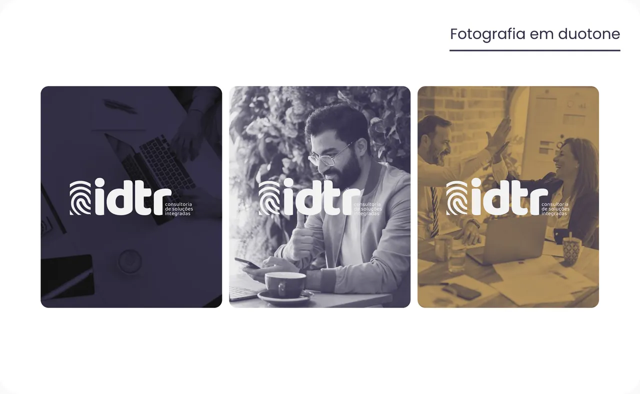 Três fotos em duotone, em lilás e dourado, com o logo da IDTR em branco por cima.